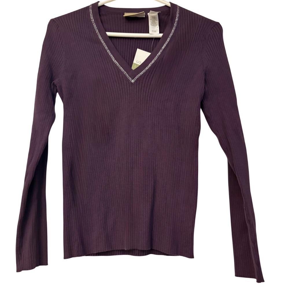 Liz Claiborne‎ Lizwear Purple V-Neck Ribbed Knit Sweater Silver Trim LWMUA178